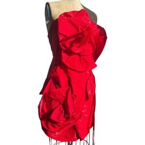 Red metallic iridescent strapless dress with ruffle flower detailing S